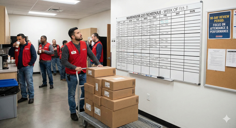 A Costco employee in a red vest pushing a flatbed cart stacked with boxes, looking at a schedule board in the breakroom.