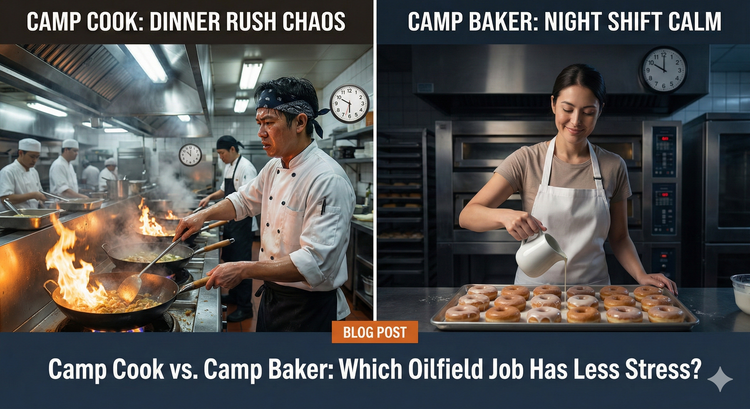 A side-by-side comparison A sweaty camp cook managing four flaming woks during dinner rush vs. a calm baker glazing donuts in a quiet kitchen at night.