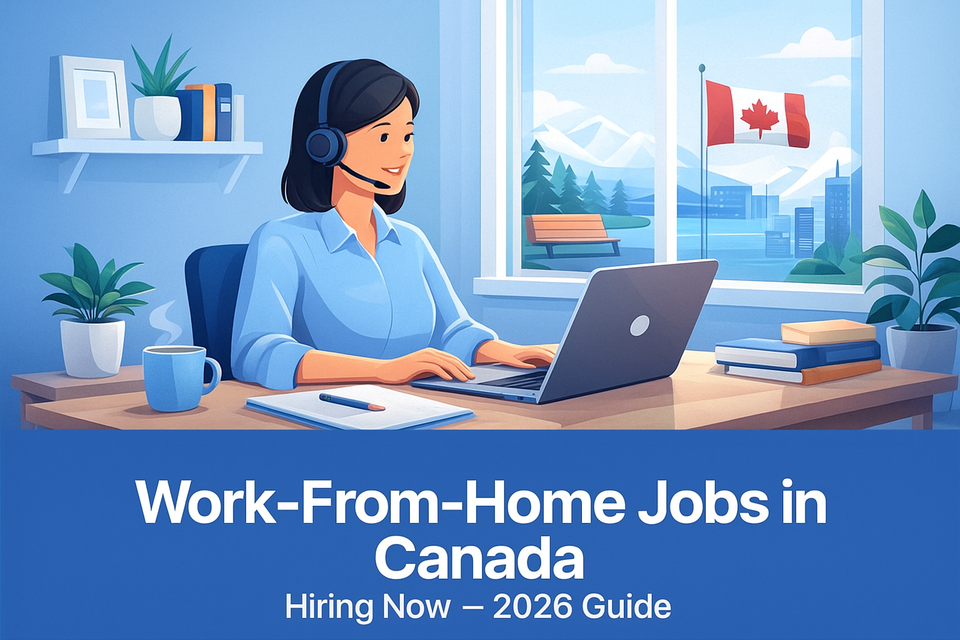 Work-from-home jobs in Canada – remote workers on laptops and headsets (2026)