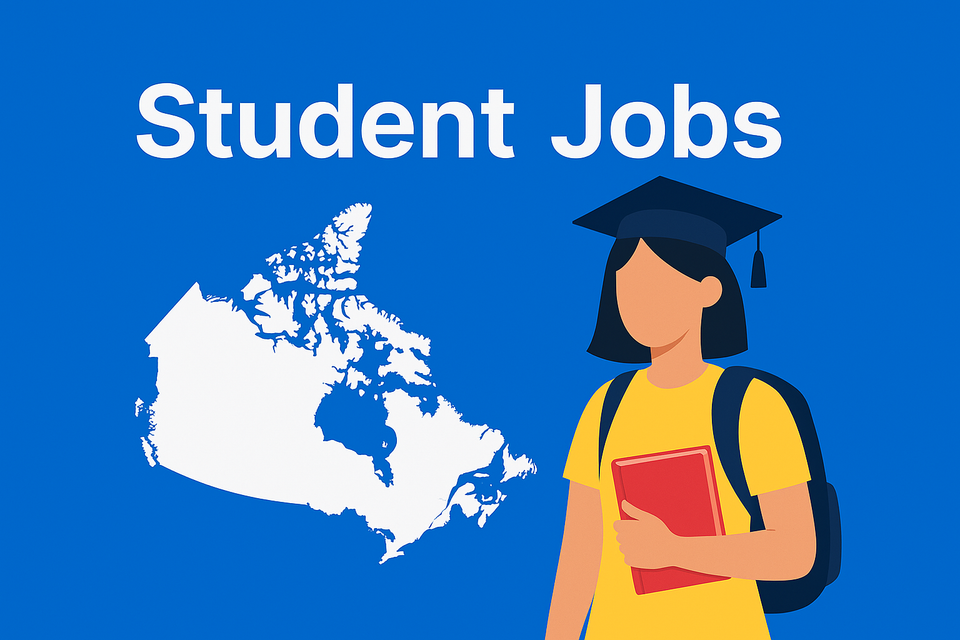 Students working part-time jobs in Canada – retail, restaurant, and online work illustration