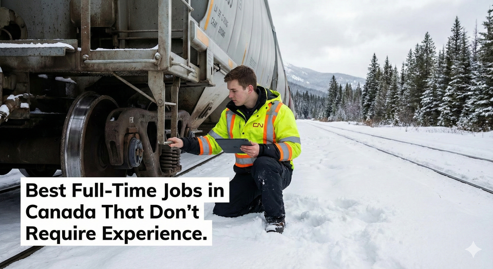 A CN Railway conductor trainee inspecting a train car on a snowy track in Western Canada.