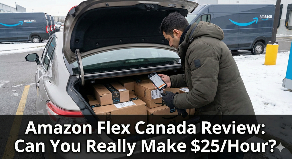 An Amazon Flex driver scanning a package with a smartphone inside the trunk of a sedan at a Canadian delivery station.