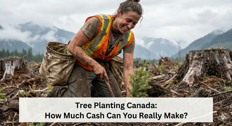 A tree planter covered in mud wearing a high-vis vest and carrying planting bags, smiling while planting a seedling in a rugged British Columbia clearcut.