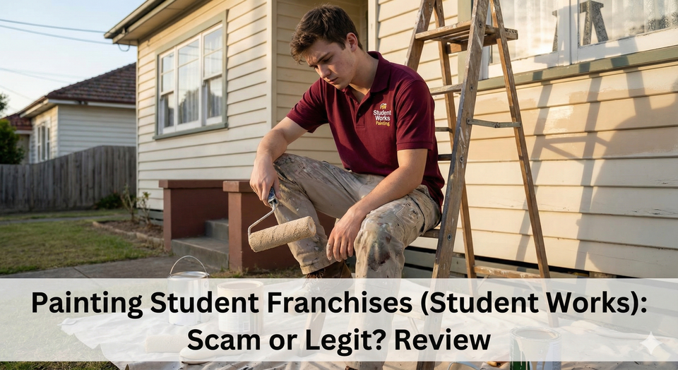 A university student in a branded "Student Works" polo shirt holding a paint roller on a ladder, looking tired.