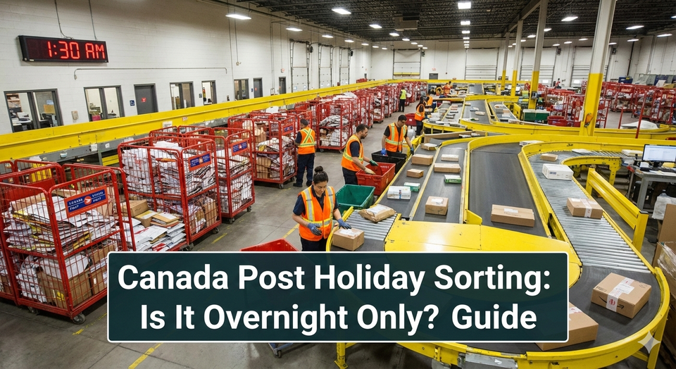 A Canada Post sorting plant floor filled with yellow conveyor belts and red rolling cages, with employees in high-vis vests sorting packages.
