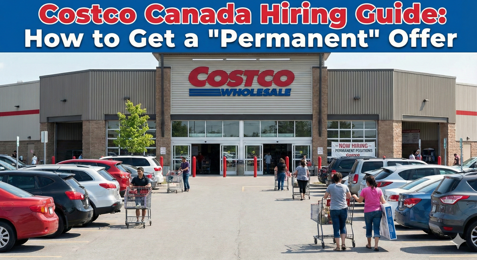 A Costco Canada warehouse entrance with a busy parking lot, symbolizing high-traffic retail jobs.