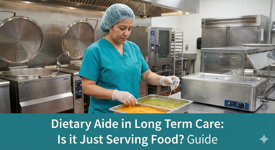 A Dietary Aide in a teal scrub top using a thermometer to check the temperature of a tray of pureed food in a stainless steel hospital kitchen. 