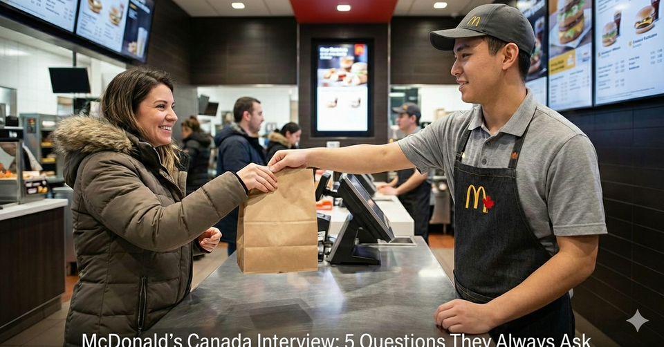 A McDonald's Canada crew member in a grey uniform handing a takeout bag to a customer at the front counter.