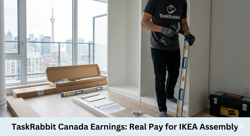 A Tasker assembling a white IKEA Pax wardrobe in a Toronto condo, with a drill and level on the floor. 