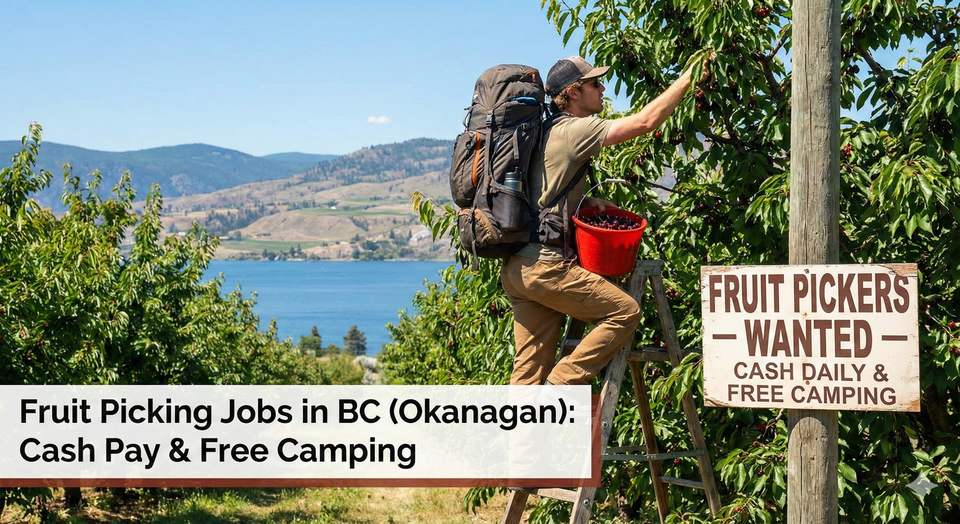 A backpacker on a ladder harvesting cherries into a bucket in a sunny Okanagan orchard overlooking a lake.