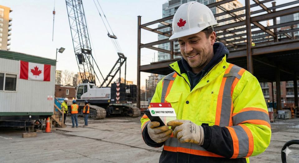 A construction worker checking a mobile banking app on a smartphone at a job site in Canada