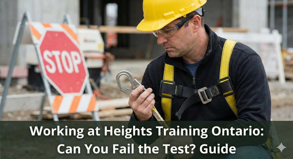  A construction worker wearing a full-body safety harness and hard hat, inspecting a lanyard hook with a "Stop" sign in the background.