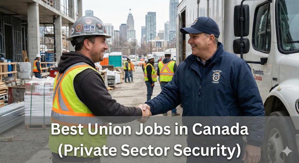 A construction worker wearing a hard hat with an IBEW sticker, shaking hands with a Teamsters delivery driver, representing union solidarity.