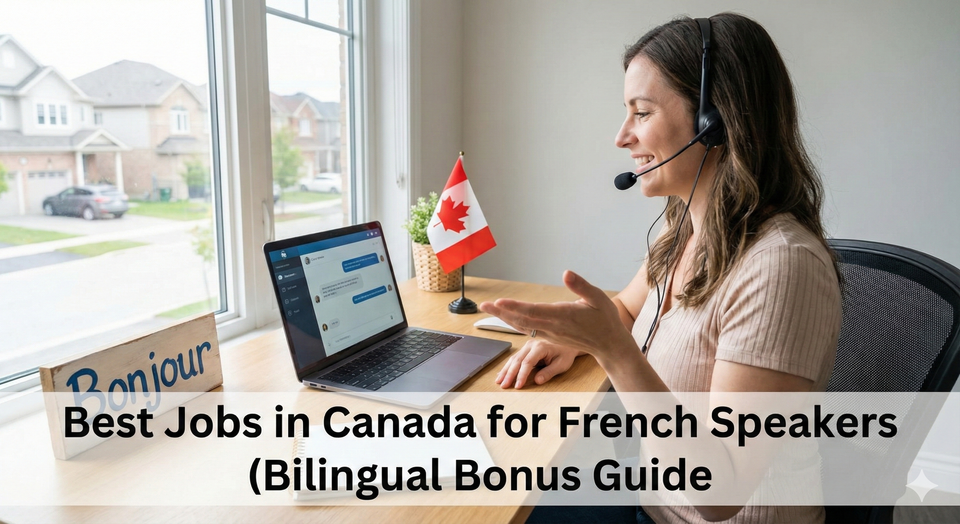 A customer service professional wearing a headset in a modern home office, with a small Canadian flag and a "Bonjour" sign on the desk.