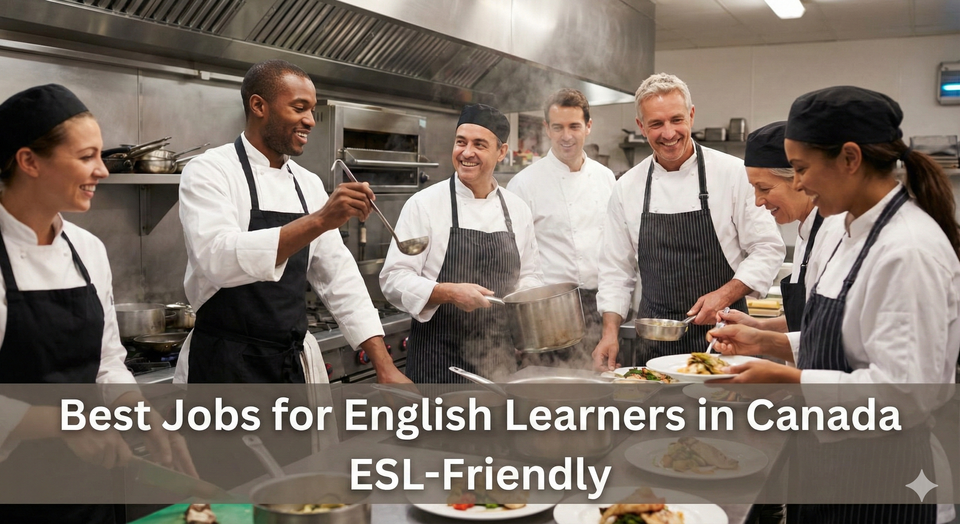 A diverse group of kitchen staff in chef whites smiling and working together in a busy restaurant kitchen, representing a team environment where language barriers are overcome by teamwork.