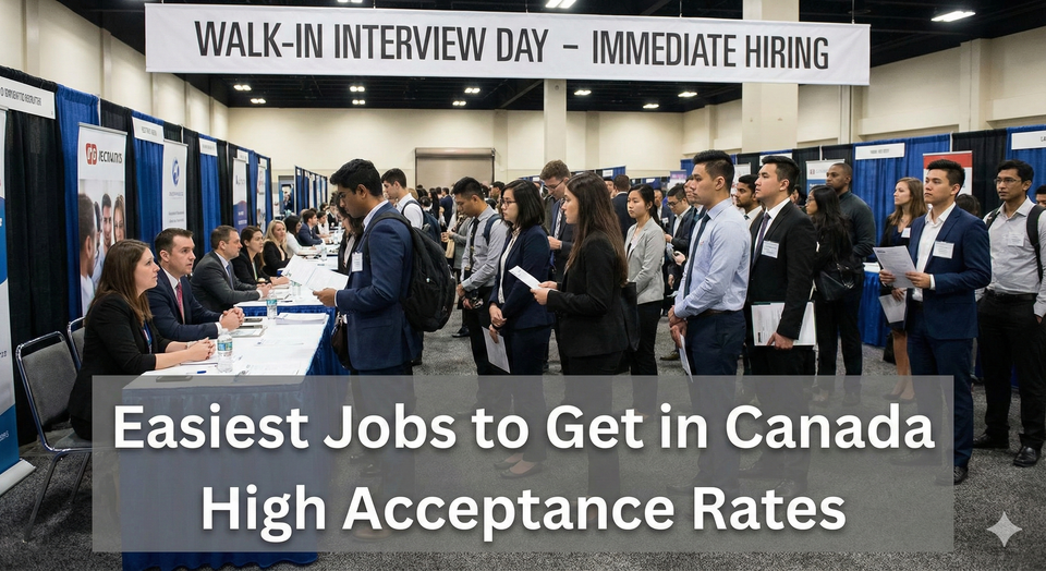 A diverse group of people attending a "Walk-In Interview" day at a large convention center, representing high-volume hiring.