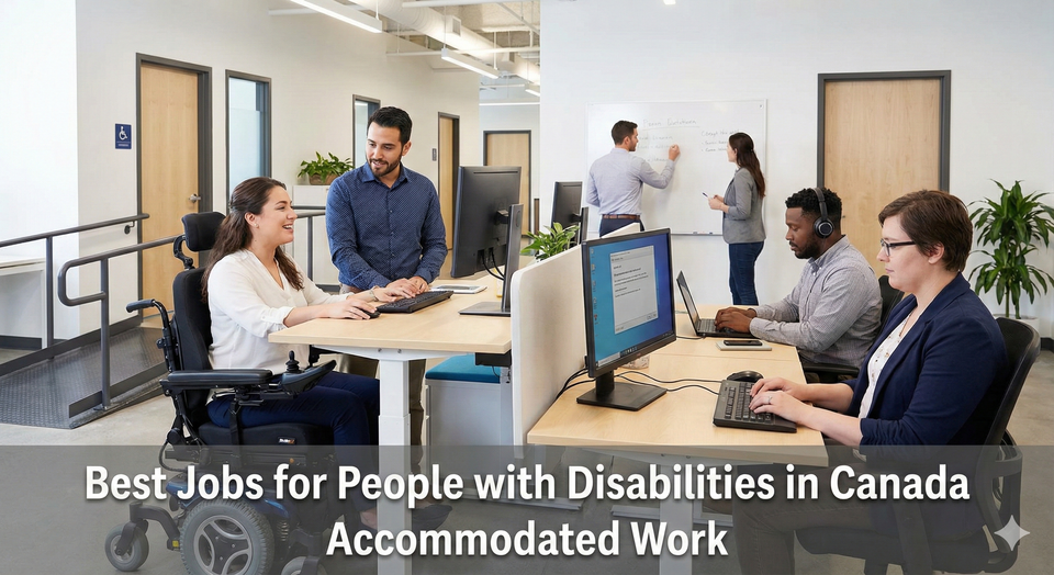 A diverse group of professionals working in a modern accessible office, including a person in a wheelchair and another using screen-reading software, representing inclusive employment.