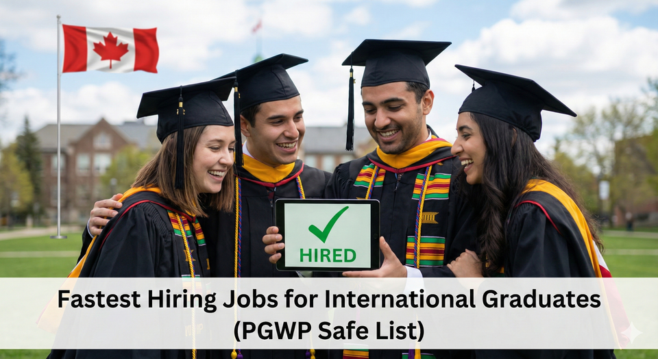 A diverse group of university graduates in caps and gowns looking at a tablet displaying a Hired notification, with a Canadian flag in the background.