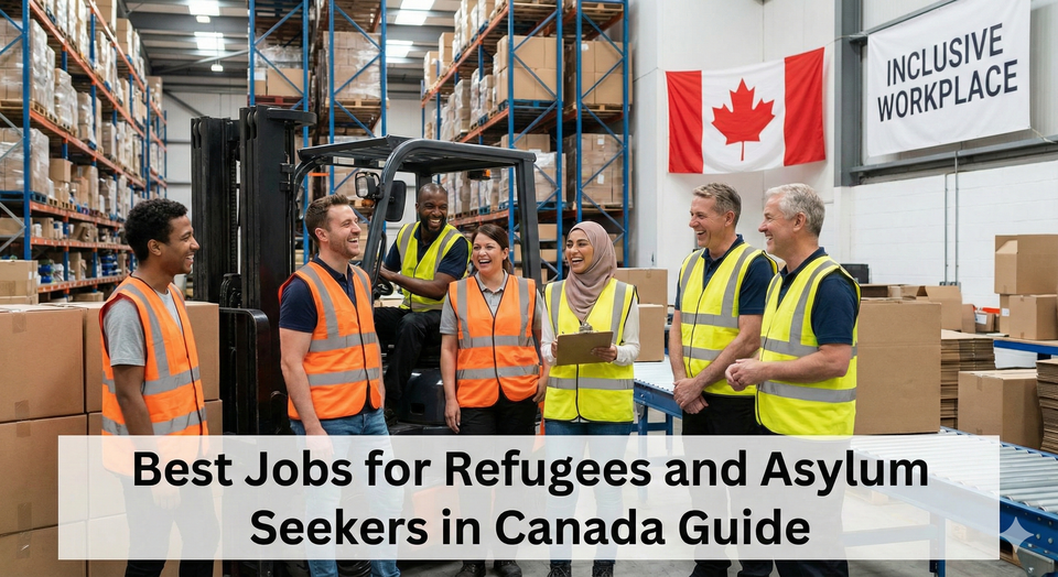 A diverse group of workers in a warehouse setting, wearing safety vests and smiling, representing inclusive hiring.