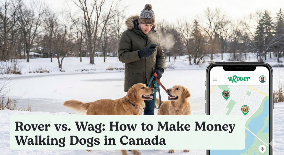 A dog walker checking the Rover app on their phone while holding leashes for two golden retrievers in a snowy Canadian park.