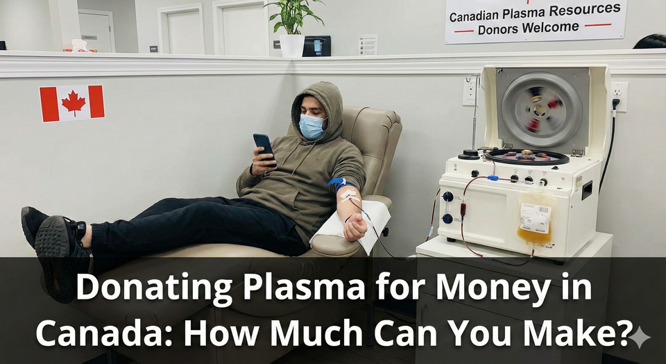 A donor sitting in a comfortable chair at a Canadian plasma clinic with a machine collecting plasma, looking at a smartphone.