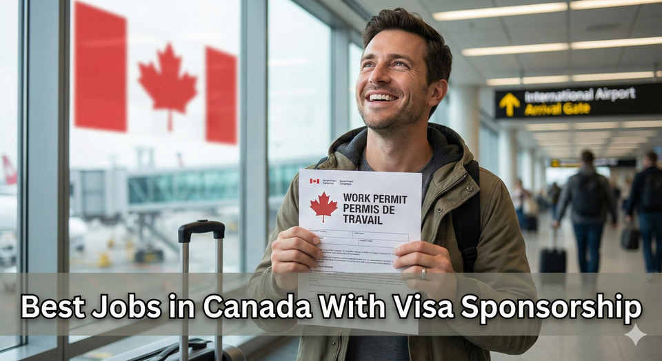 A foreign worker holding a Canadian work permit document at an airport arrival gate, looking relieved and happy, with a blurred Canadian flag in the background.