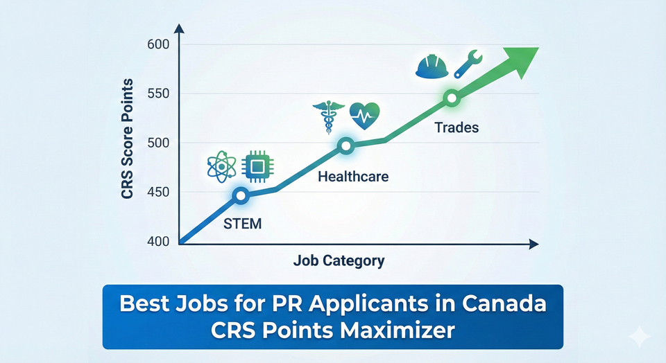 A graph showing "CRS Score Points" increasing, with icons representing STEM, Healthcare, and Trades jobs.