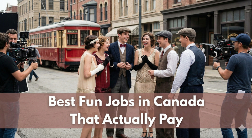 A group of young film extras in period costumes laughing on a movie set in Toronto, representing the excitement of the entertainment industry.