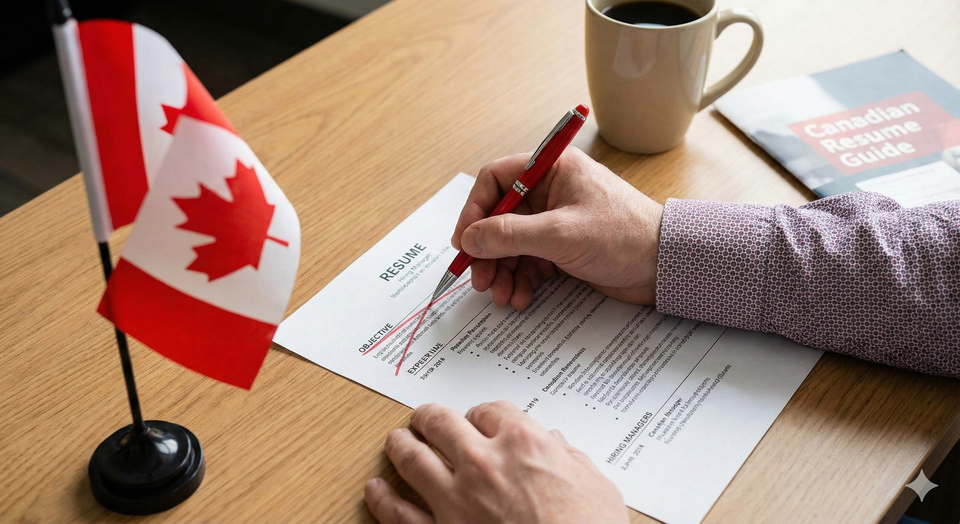 A hiring manager crossing out the Objective section on a resume with a red pen, next to a Canadian flag.