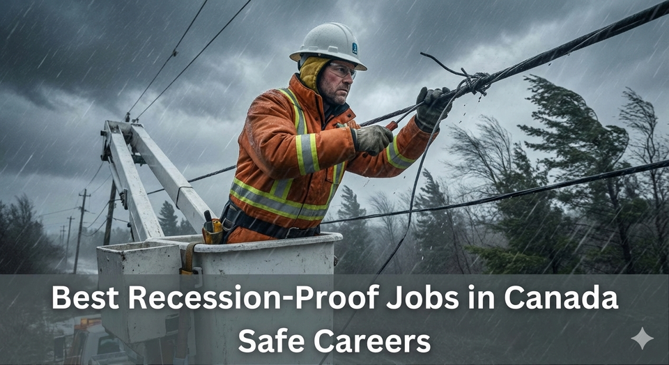 A hydro utility worker fixing a power line in a storm, representing an essential service that never stops, regardless of the economy.