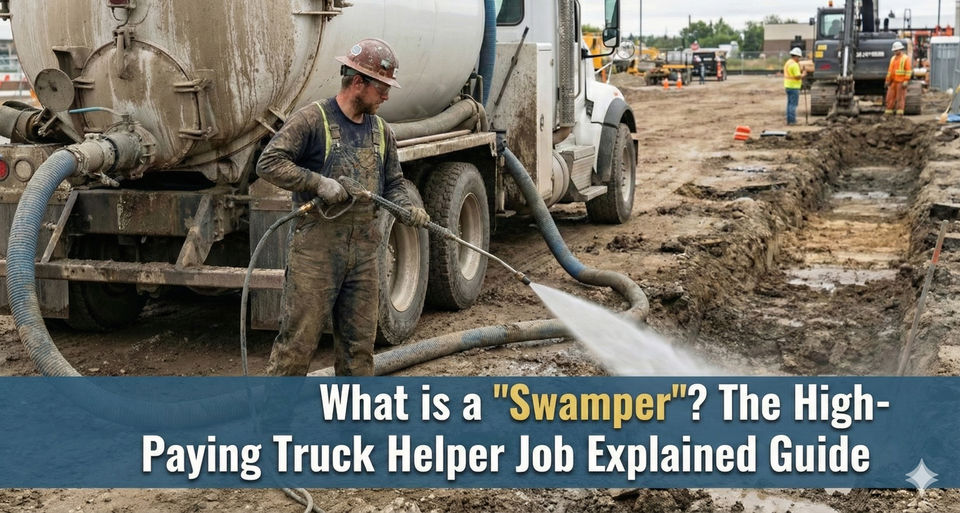 A hydrovac swamper wearing muddy coveralls and a hard hat, holding a high-pressure water wand while standing next to a massive vacuum truck on a construction site.