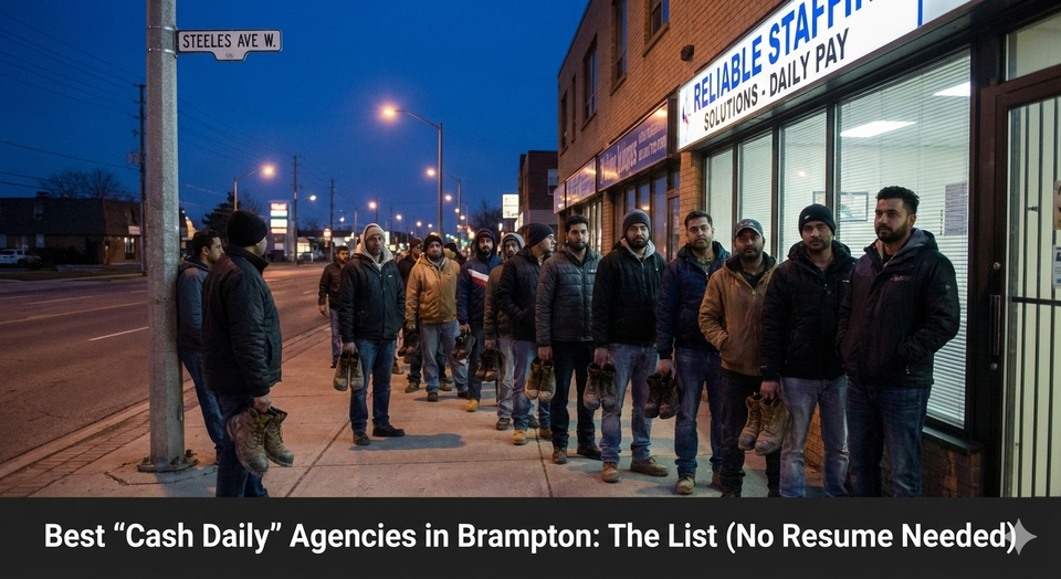 A line of workers waiting outside a staffing agency on Steeles Avenue in Brampton at 500 AM, holding steel-toed boots.