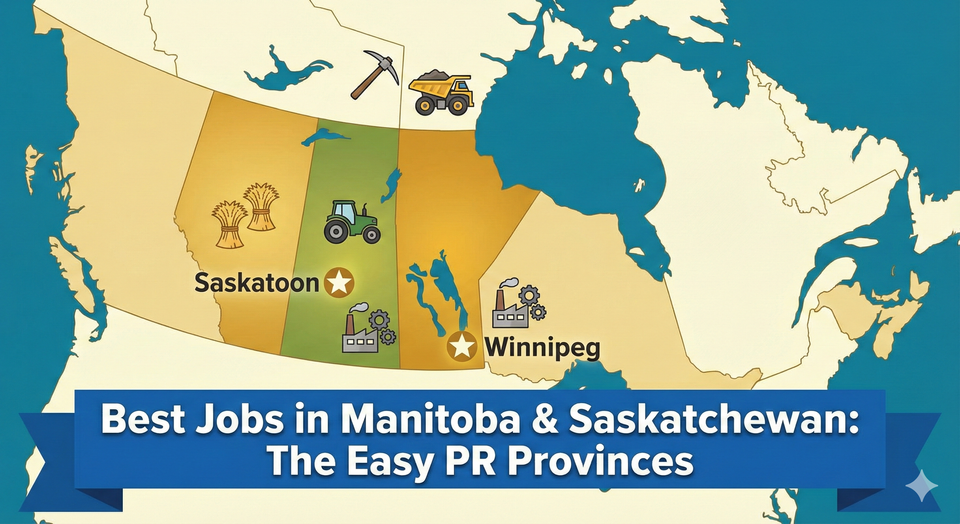A map of the Canadian Prairies highlighting Winnipeg and Saskatoon, with icons representing mining, agriculture, and manufacturing industries.