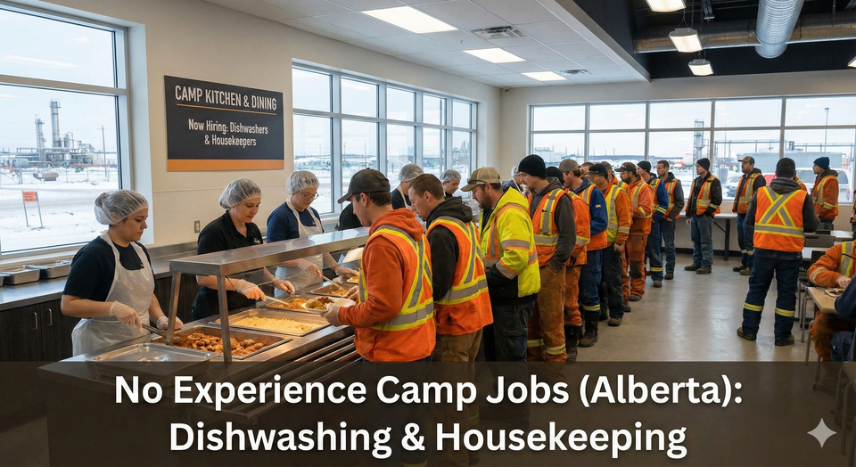 A modern cafeteria inside an Alberta oil sands work camp with staff serving food to workers in high-visibility vests.
