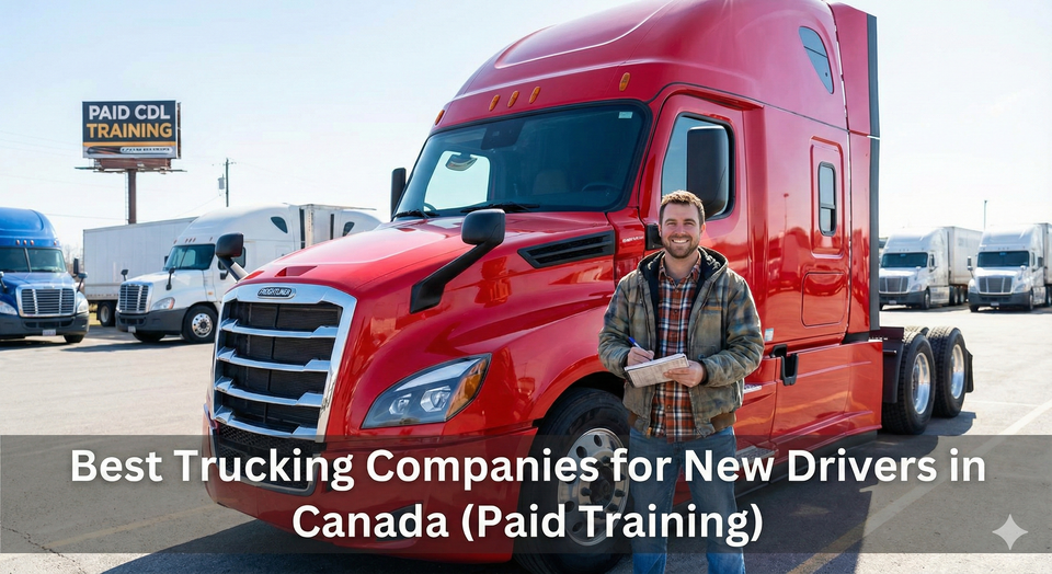 A new truck driver standing proudly next to a bright red Freightliner Cascadia, holding a logbook and smiling, representing the start of a lucrative career.