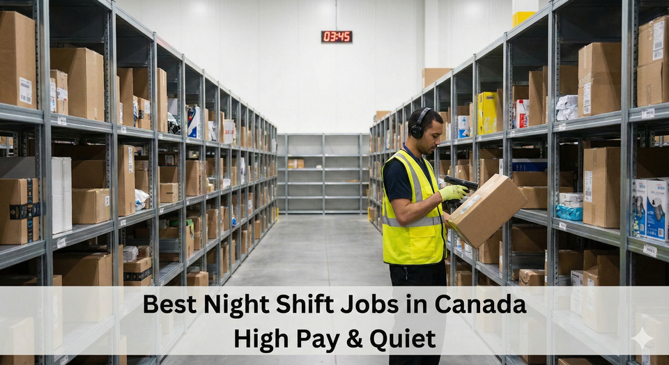 A night shift worker in a brightly lit, quiet warehouse aisle scanning a package, representing the peaceful and focused nature of overnight work.