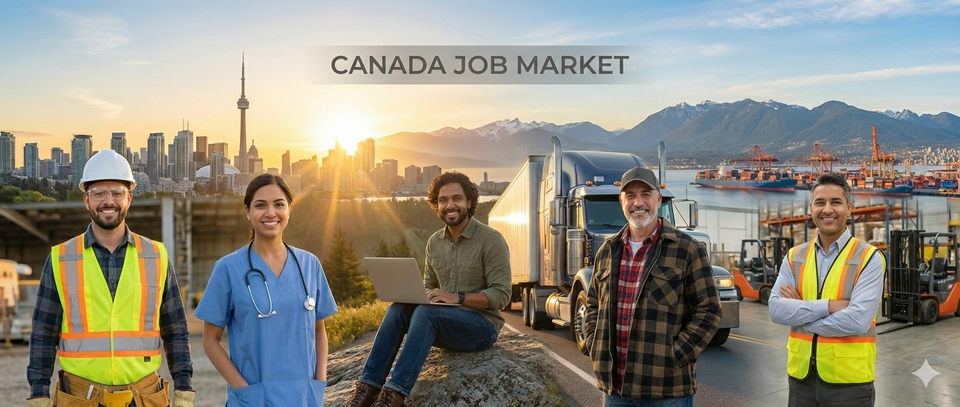 A panoramic photograph of a diverse group of Canadian professionals from different sectors—including a construction worker in a hard hat, a healthcare worker