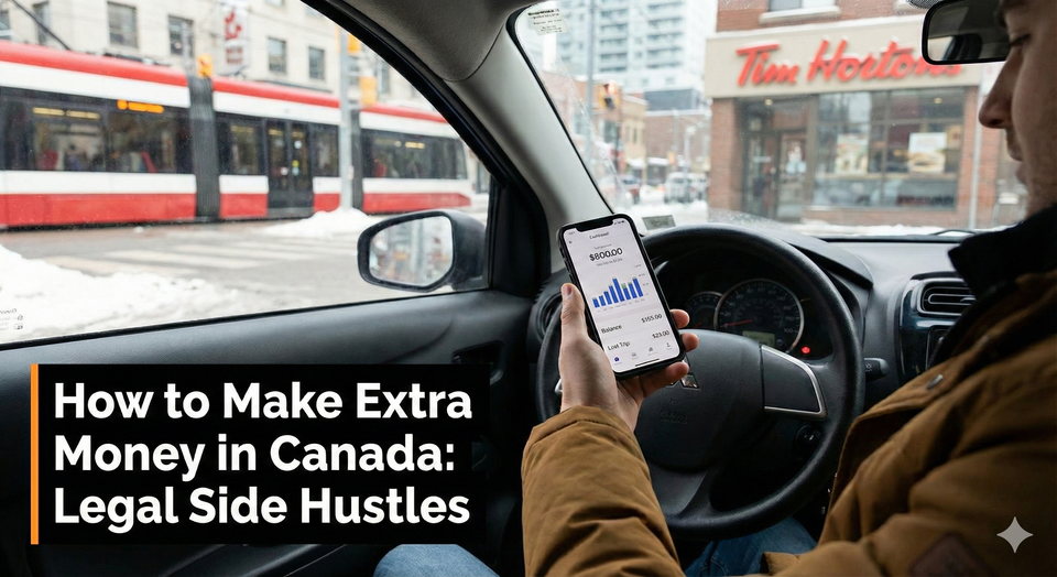 A person checking their earnings on a gig economy app while sitting in a parked car in a Canadian city.