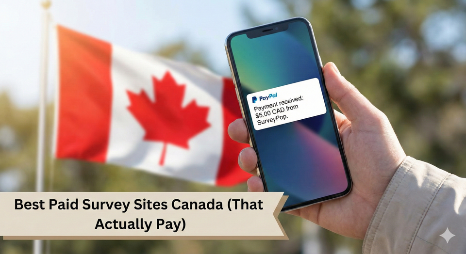 A person holding a smartphone showing a PayPal notification for a $5.00 deposit from a survey app, with a Canadian flag in the background.