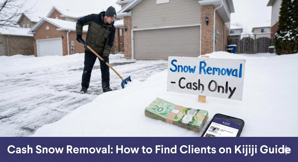 A person shoveling a snowy driveway in a Canadian suburb with a stack of cash and a Snow Removal lawn sign in the foreground.