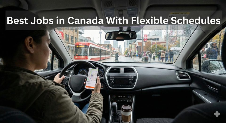 A person sitting in their car checking a delivery driver app on their smartphone, with a view of a Canadian city street through the windshield.