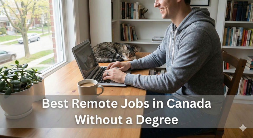 A person working comfortably from a home office setup with a laptop and coffee, wearing casual clothes, representing the work-from-home lifestyle.