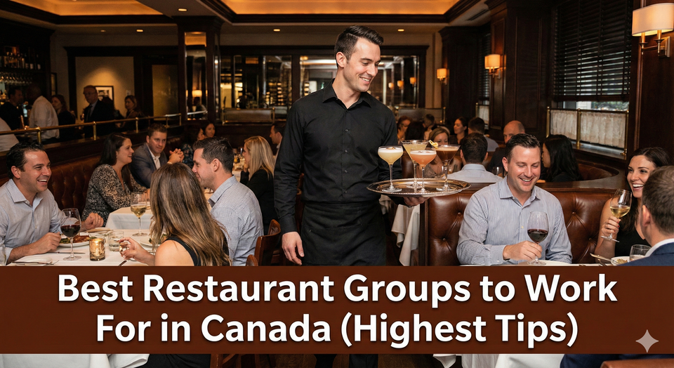 A professional server in a black dress shirt carrying a tray of cocktails at a busy upscale steakhouse, representing the high-income potential of hospitality.