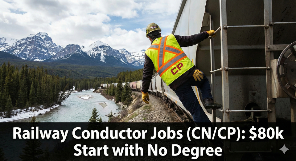 A railway conductor wearing a yellow high-vis vest hanging off the side of a moving freight train car in the Canadian Rockies.