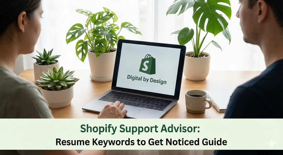 A remote worker sitting at a minimalist desk with a laptop displaying the Shopify Digital by Design logo, surrounded by plants and a coffee mug