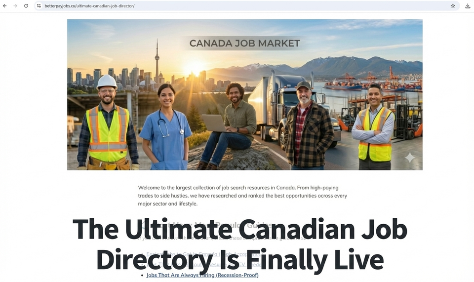 Showing a screenshot of the ultimate Canadian job directory live page of betterpayjobs.ca