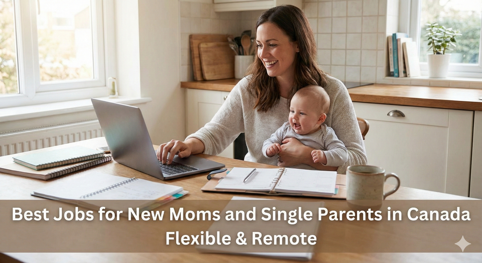 A smiling mother holding a baby on her lap while working comfortably on a laptop at a kitchen table, surrounded by organized notes and a coffee cup.