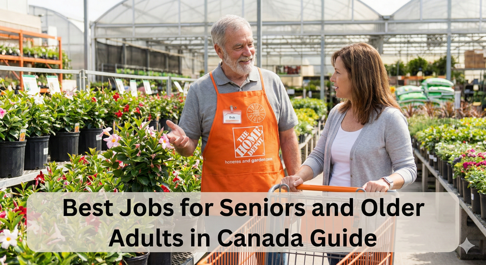 A smiling older gentleman wearing a Home Depot apron helping a customer choose a plant in a garden center.
