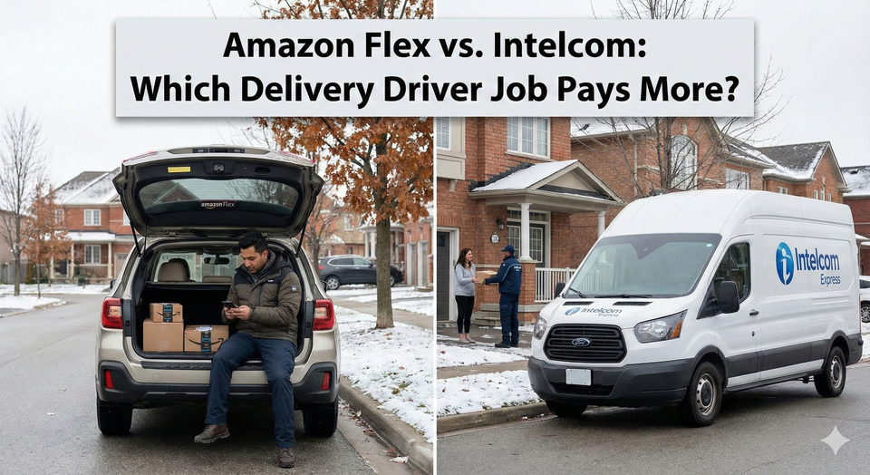 A split image showing an Amazon Flex driver in a personal car on the left and a white Intelcom delivery van on the right, both parked on a Canadian residential street.