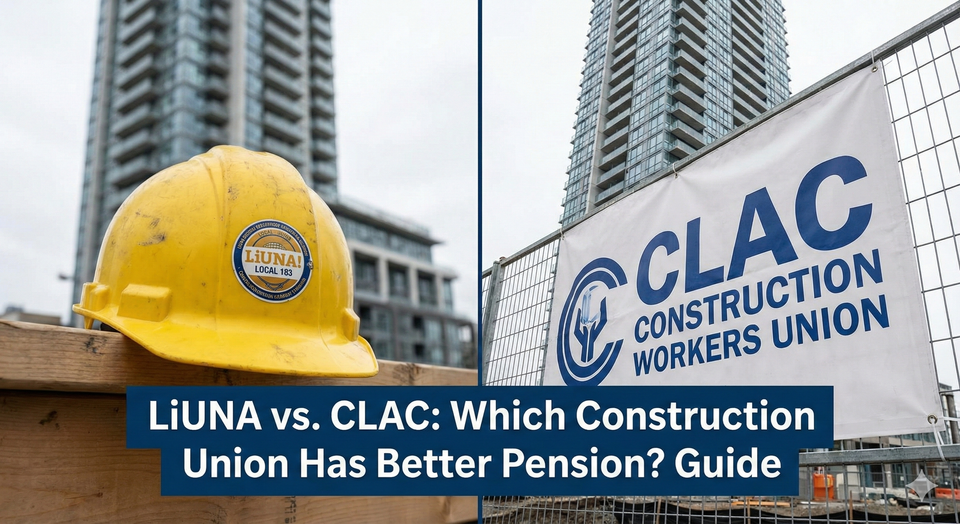  A split screen showing a LiUNA Local 183 sticker on a hard hat next to a CLAC banner on a construction fence, with a blurred high-rise condo in the background.